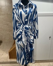 Blue and White Abstract Print Long Sleeve Collared Shirt Midi Dress with Tie Wai
