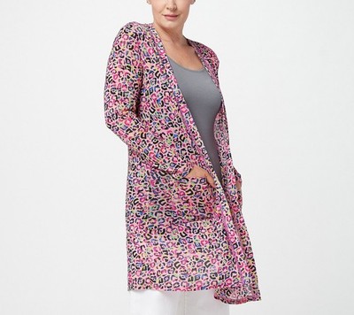 Logo Lori Goldstein Cardigan XL Pink Animal Print Sheer Mesh Pockets Layering