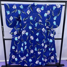 Yukata Summer Kimono Tulip Pattern Dark Blue Cotton Used Japan