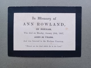 1867 IN MEMORIAM CARD ANN ROWLAND HEXHAM NORTHUMBERLAND