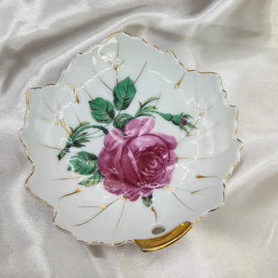 Vintage Victorian Style Trinket Dish Sonsco Japan Leaf Shape Floral Rose Motif