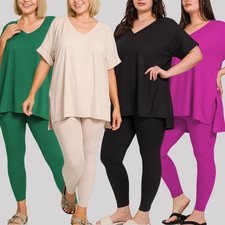 1X 2X 3X Zenana Microfibra Cepillada Cuello en V Top y Leggings Pantalones Ropa de Salón Conjunto