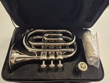 Brass Bb Pocket Trumpet with Case, Mouthpiece, Cleaning Cloth, Silver Tone, VGC