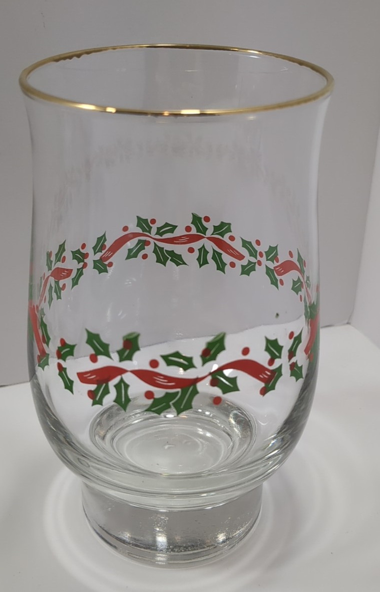 6 Libbey Christmas Holly Berry Glass Red Ribbon Tumbler Tulip Gold Rim 14 OZ