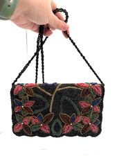 Black Beaded Floral Shoulder Bag Evening Purse Long Strap Vintage Style
