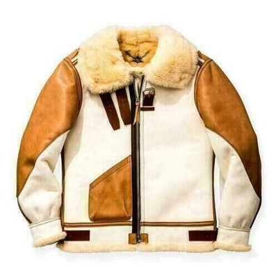 Men's Brown RAF B3  Aviator Bomber Flight Jacket Real Sheepskin Leather Jacket