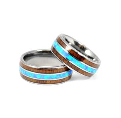 VAKKI Men's Tungsten Carbide Wedding Ring – 6mm Width With Hawaiian Koa Wood & Blue Opal Inlay - View #9