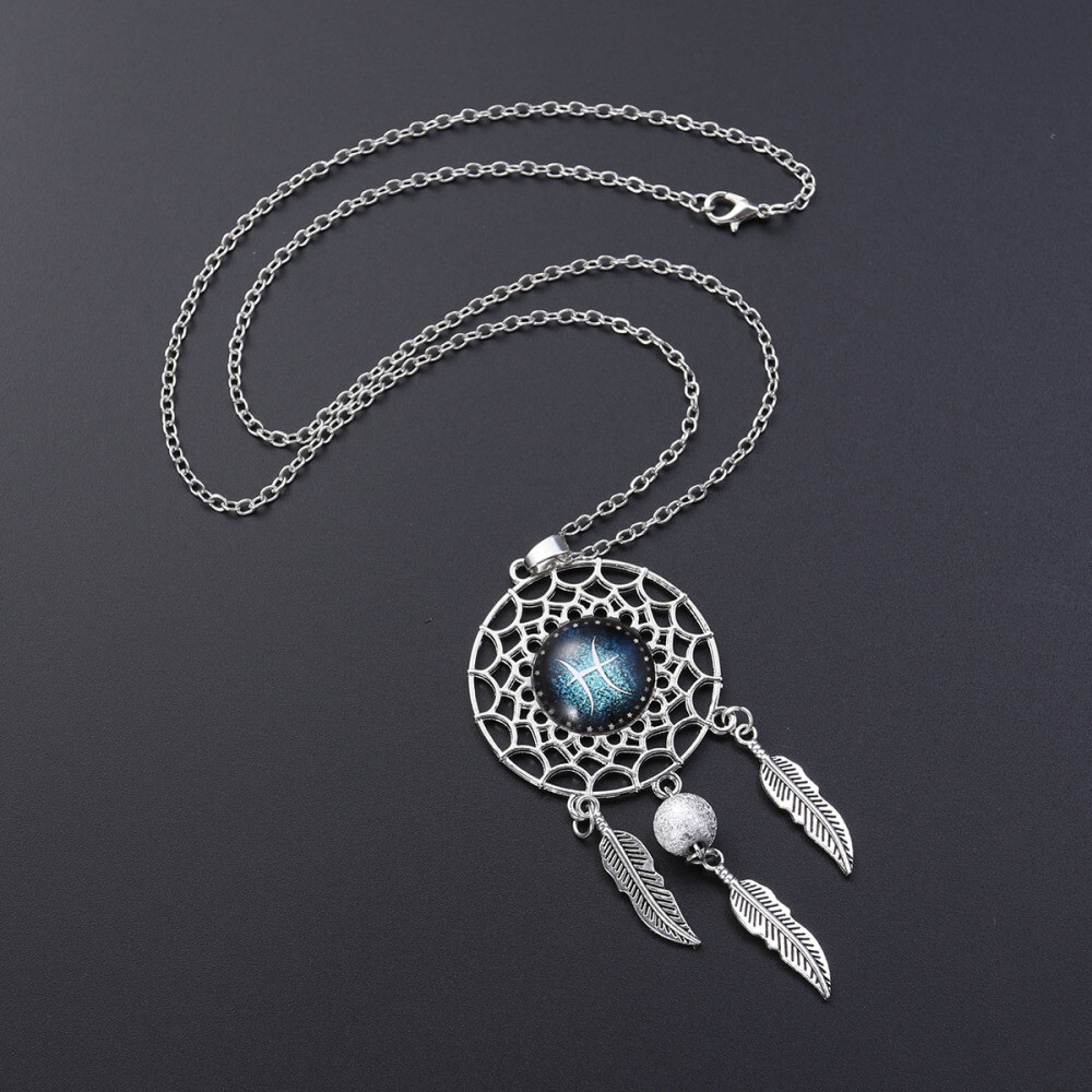 Dreamcatcher Necklace Retro Bohemia Zodiac Sign Pendant Dangling Feather Tassel