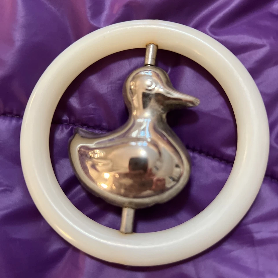 Anillo de dentición 1950 bebé plata esterlina 925 baquelita giratorio pato sonajero kk15 Foto 3 de 4