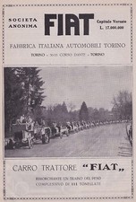 PUBBLICITA' 1916 CARRO TRATTORE TRATTRICE FIAT RIMORCHIO TRAINO PESO 
