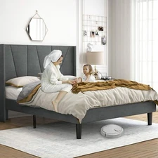 Full Upholstered Platform Bed Frame with Geometric Wingback Headboard, Grey