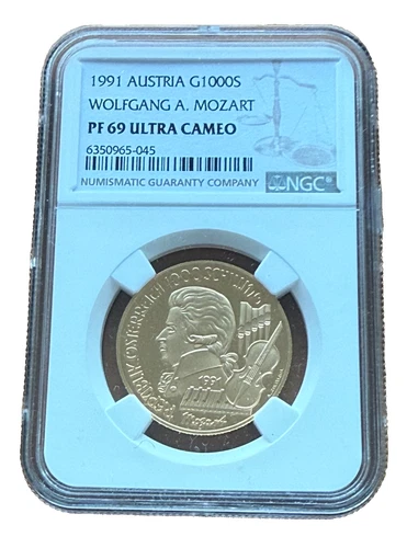 Austria 1991 Gold 1000 Schilling NGC PF69UC Wolfgang A. Mozart