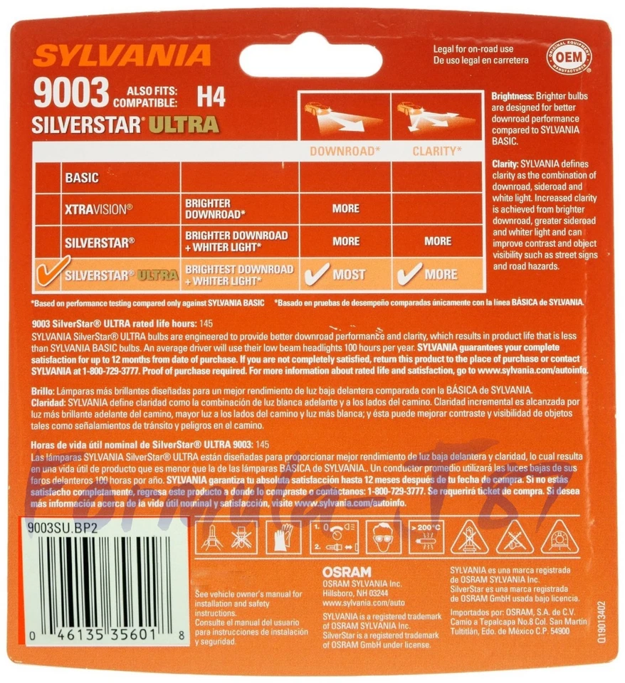 Sylvania SilverStar Ultra 9003 HB2 H4 60/55W Two Bulbs Head Light High Low Beam - Image 3 of 4