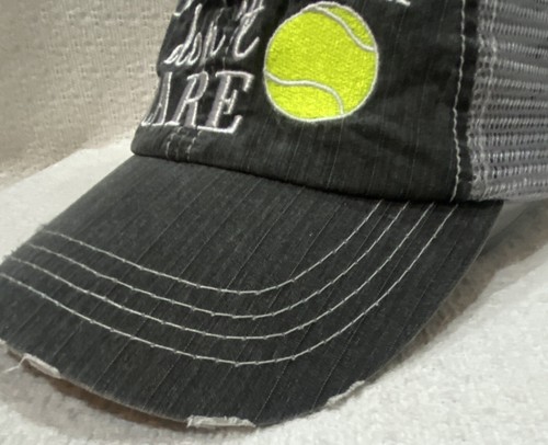 Tennis Hair Don't Care Distressed Ball Cap Black with Gray Mesh Adjustable - Picture 9 of 14
