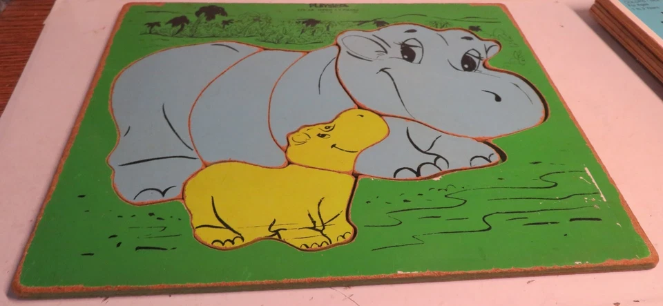 Rompecabezas de hipopótamos PLAYSKOOL de madera vintage #275-38 bandeja de madera verde y azul de 7 piezas Foto 4 de 4