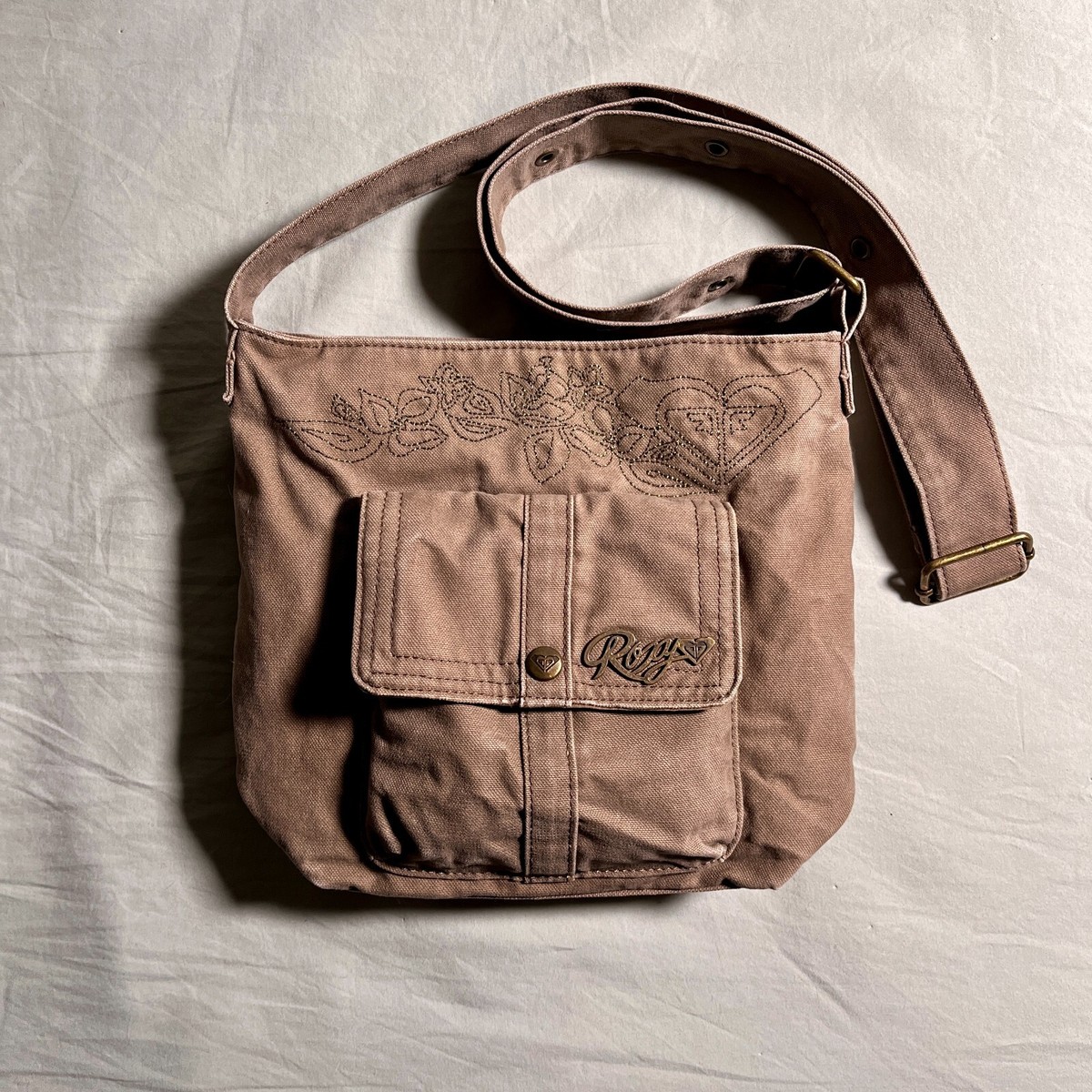 Vintage Roxy Y2K Brown Cotton Shoulder Bag With Pockets Outside
