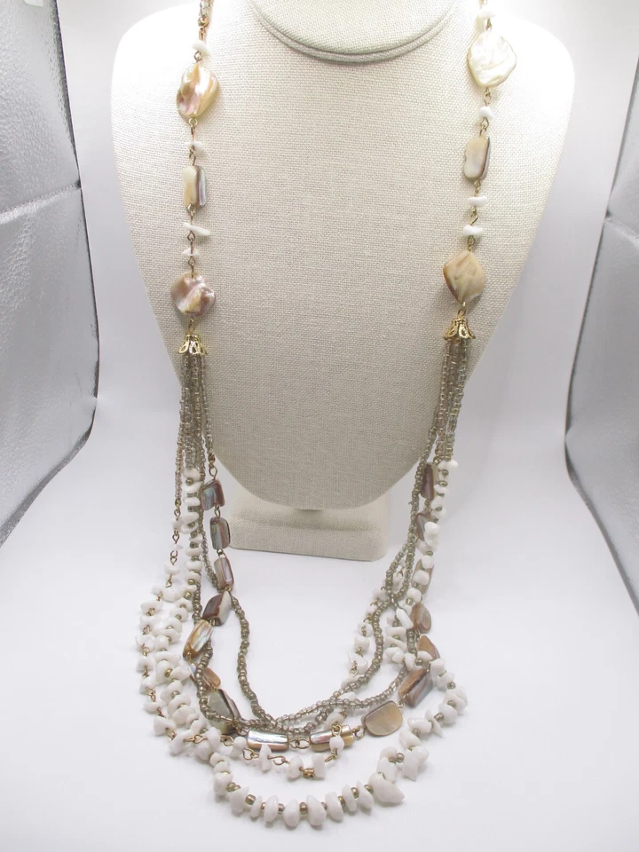 Glass Abalone Shell Statement Bib Necklace Seed Beads 0017 - Image 2 of 4