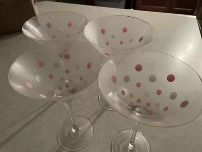 4 Long stem Martini Cocktail Pink Polka Dot Glasses By Pampered Chef 