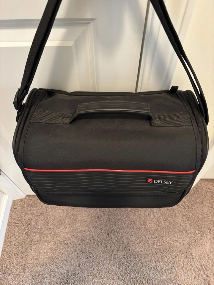 DELSEY TOILETRY BAG Cosmetic Rigid Soft Sided BLACK Red Short & Long Straps NWOT - Image 4 of 4