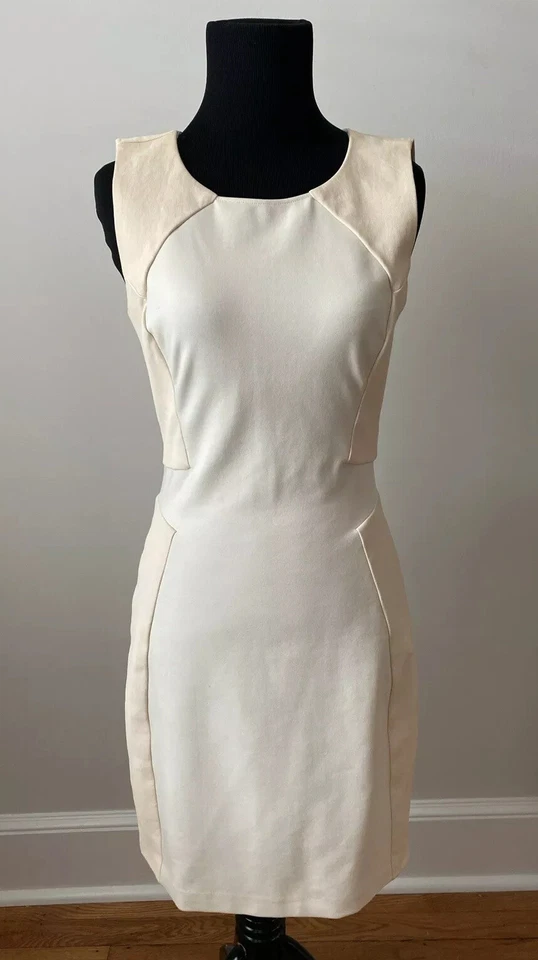 Vestido para mujer Halston Heritage marfil sin mangas con inserciones de cuero talla 4 Foto 3 de 4