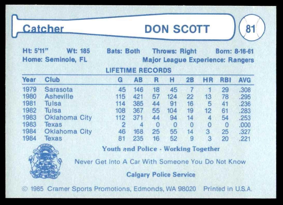 1985 Cramer Calgary Cannons Don Scott Calgary Cannons #81 - Image 2 of 2