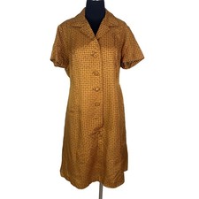 Vtg 50s 60s Mustard Foulard Print Dress Mid Century Tailored Flawed Upcycle L XL