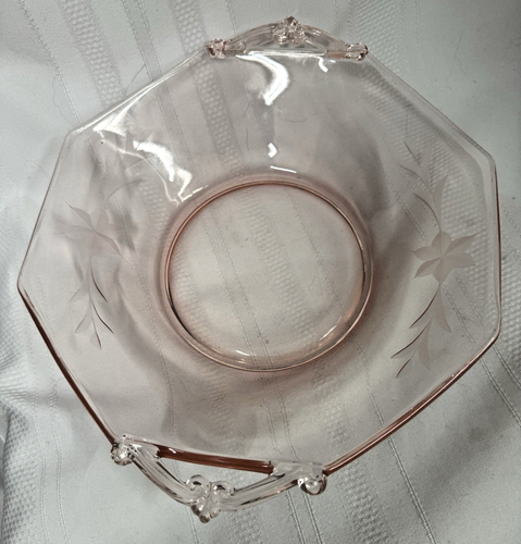 Vtg Lancaster Pink Depression Etched Glass Octagon Serving Bowl w/Handles 11" - Imagen 11 de 11