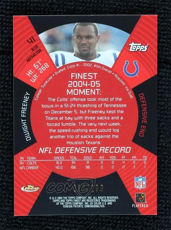 2005 Topps Finest Blue Refractor /299 Dwight Freeney #41 HOF - Image 2 of 2