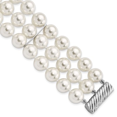 Handgeknüpftes Armband Sterlingsilber 3-reihig 10-11 mm weiße Muschelperlen 7,5 Zoll
