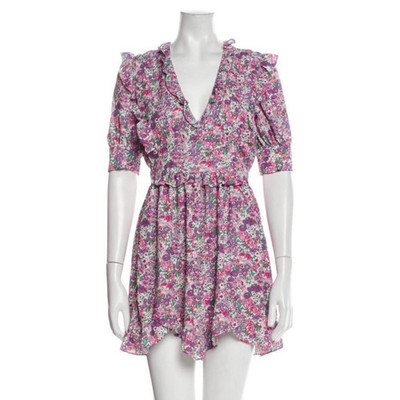 For Love & Lemons Pink Floral A-Line Dress XS Ruffle Short Sleeve V-Neck