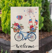 Fourth of July D cor  "Welcome" Bicycle Garden Flag  12" x 18"  BRAND NEW 