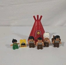 Lego Duplo Indian Family Western Chief Figures And Teepee Hut Fire Pot