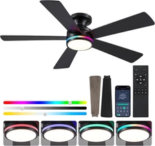 46In RGB Ceiling Fans with Lights - Black Flush Mount Ceiling Fan Light with Rem
