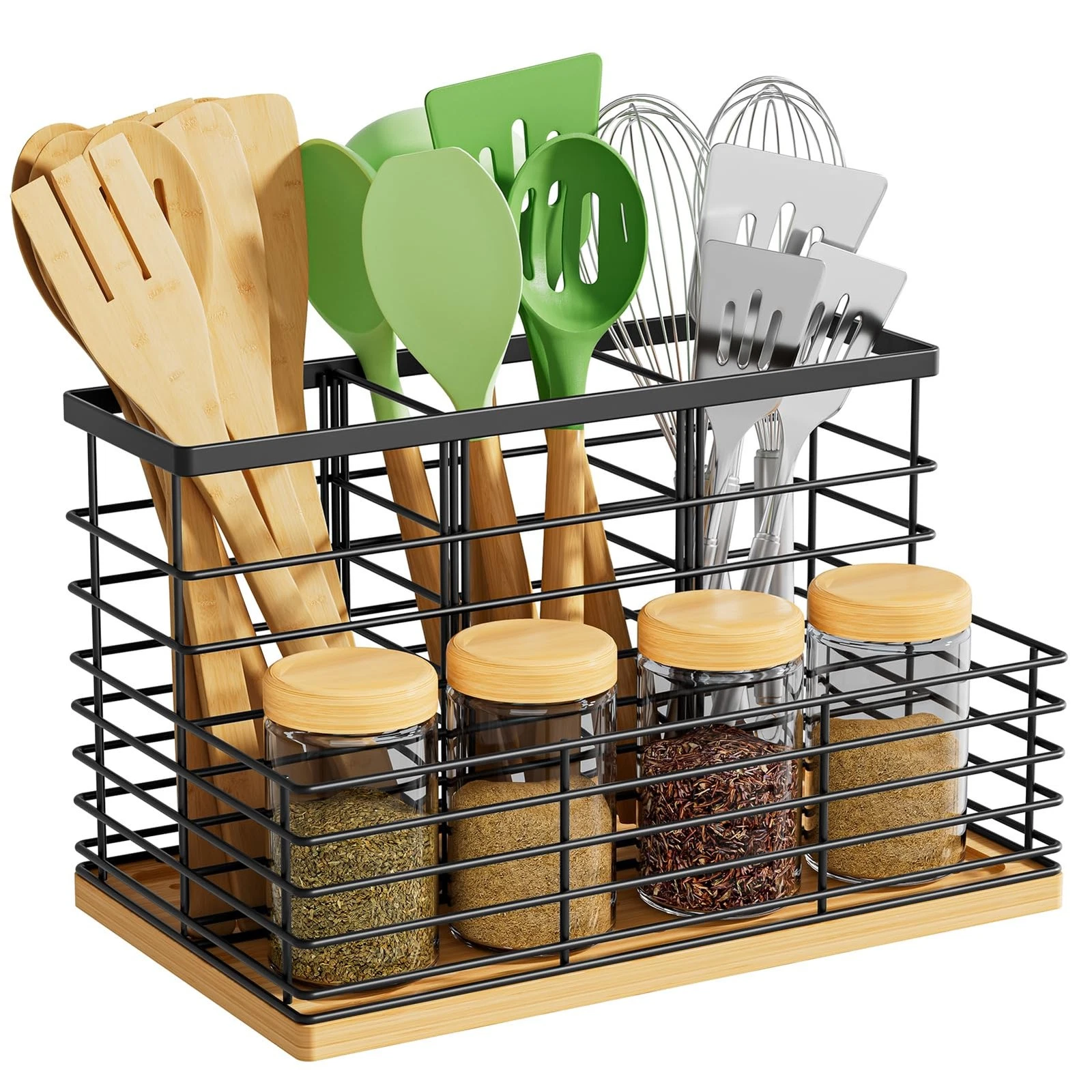 Kitchen Utensil Holder for Counter, Large 4 Compartments Metal Utensil Organi...