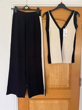 LADIES CONTRAST PANEL KNITTED LOUNGE WEAR CO-ORDINATES TOP & TROUSERS ONE SIZE