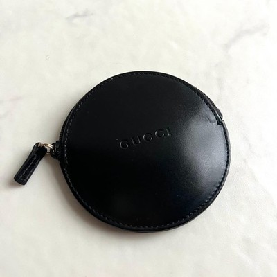 Rare GUCCI Vintage Coin Purse Circle Black Leather Logo Authentic Accessory