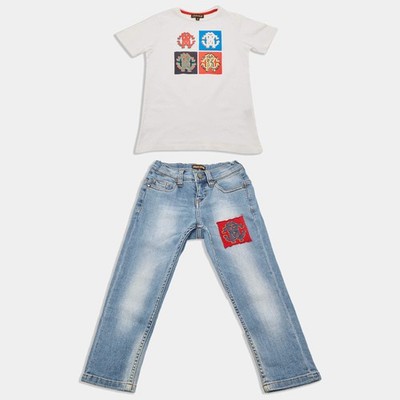 Roberto Cavalli Kids White Blue Cotton Top Denim Pants Set 4 Years