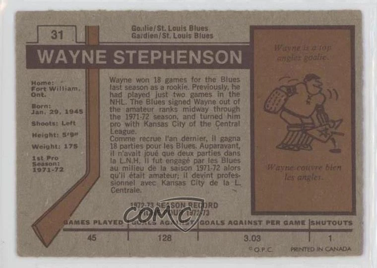 1973-74 O-Pee-Chee Dark Back Wayne Stephenson #31 - Image 2 of 2