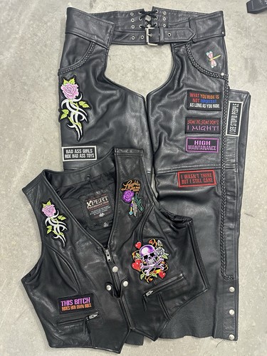 Womans  Black Leather Motorcycle Vest And Black Leather Motorcycle Chaps