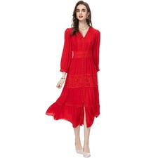 Womens V-neck High Waist Lace 3/4 Sleeve Holiday Slim Beach A-line Dress Red