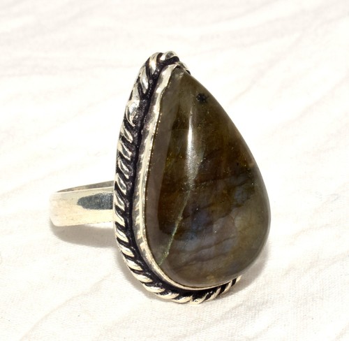 Natural Labradorite Pear Cab Gemstone Handmade Gemstone Jewelry Ring 7.75 - Picture 2 of 10
