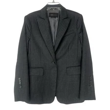 BCBGMaxazria Wool Blazer Size L gray Striped Career Quiet Luxury Peak Collar