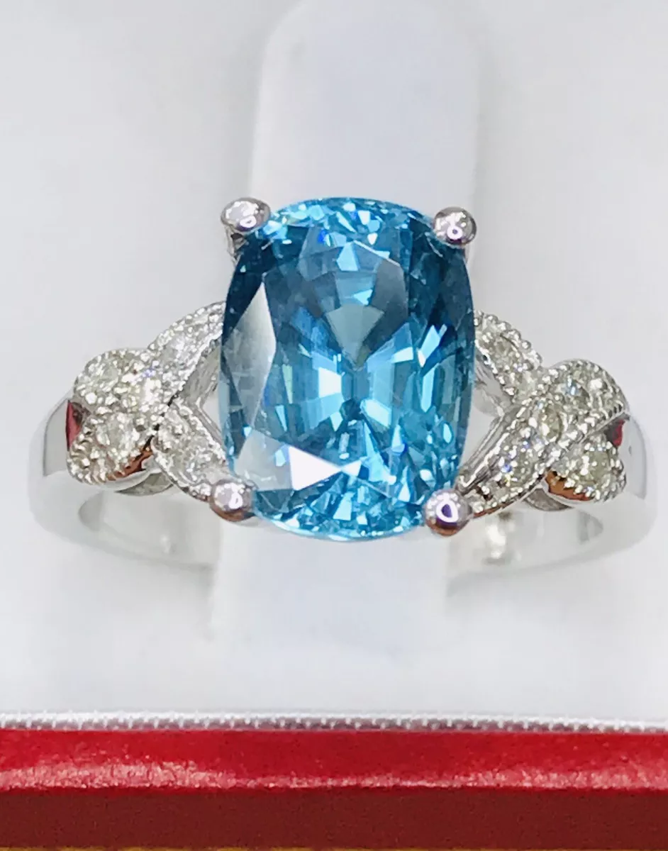 14k White gold Natural Cushion Blue Zircon Diamond Ring December