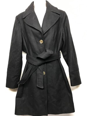 $275 NWT MICHAEL KORS Women's Wool-Blend Brelted Black Walker Coat Size 14  YX2