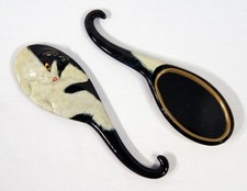 Hand Painted Handheld Mirror Black  White Cat Design 014C