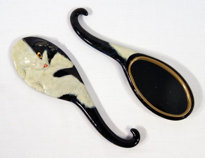 Hand Painted Handheld Mirror Black & White Cat Design 014C