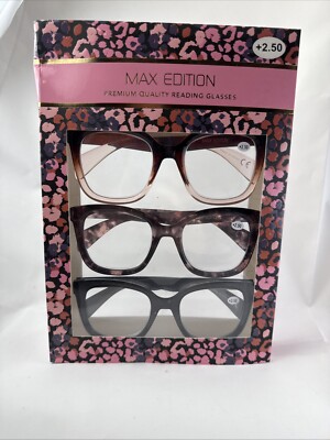 NIB +2.50 Box Set 3 Pairs Max Edition Reading Glasses Readers Multicolor