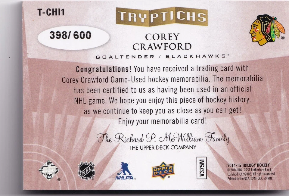 2014-15 Upper Deck Trilogy Tryptichs #TCHI1 Corey Crawford JSY 398/600 - Image 2 of 2