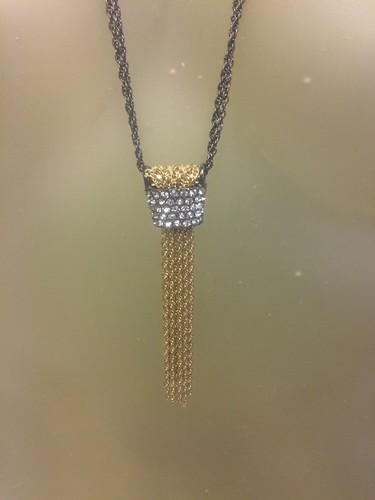 Gold-Tone Chain & Rhinestone Tassel Pendant on Gun Metal Grey 31" Long Chain - Picture 2 of 7