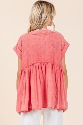 Mittoshop Mixed Media Mineral Wash Babydoll Short Sleeve Blouse - Picture 2 of 9